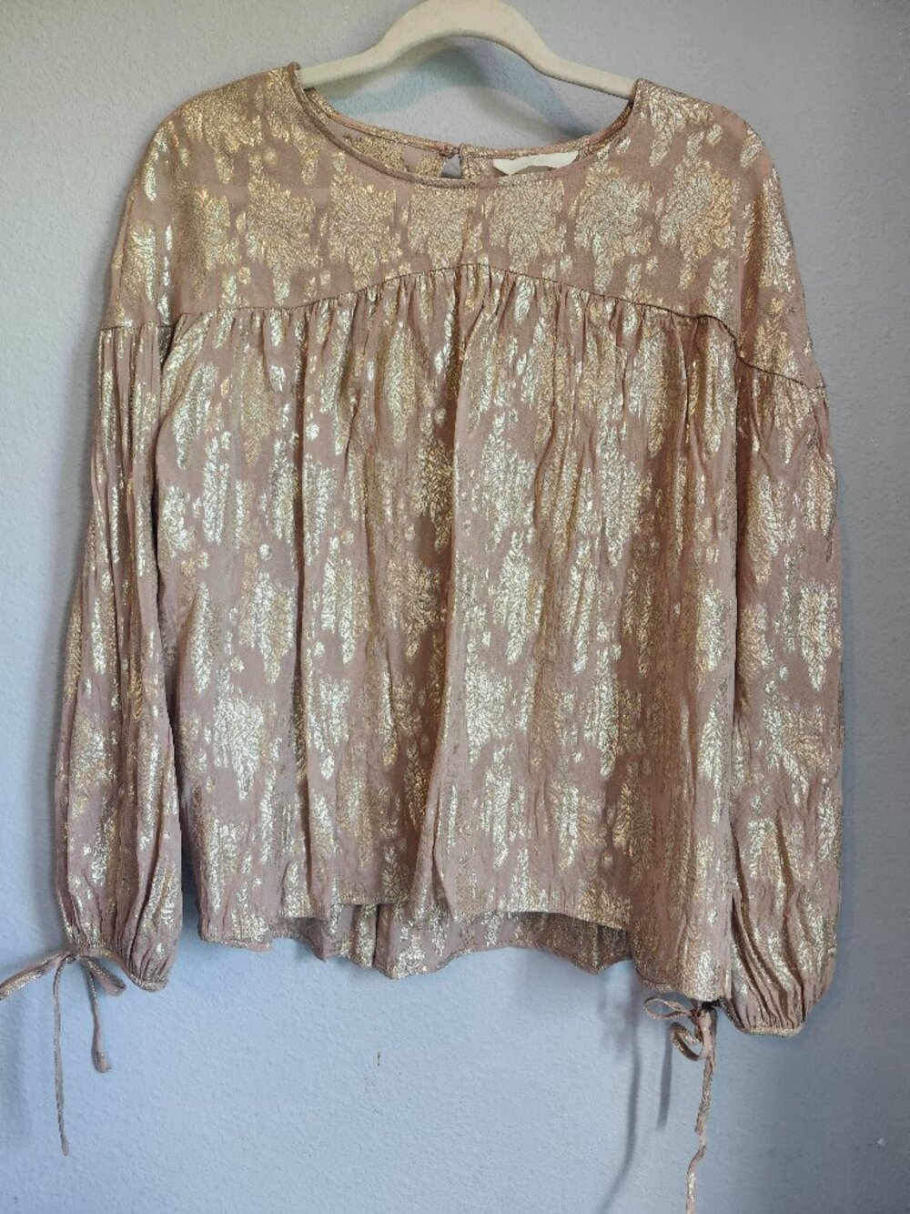 H&M Women’s L Blush Pink Gold Metallic Floral Jacquard Balloon Sleeve Blouse